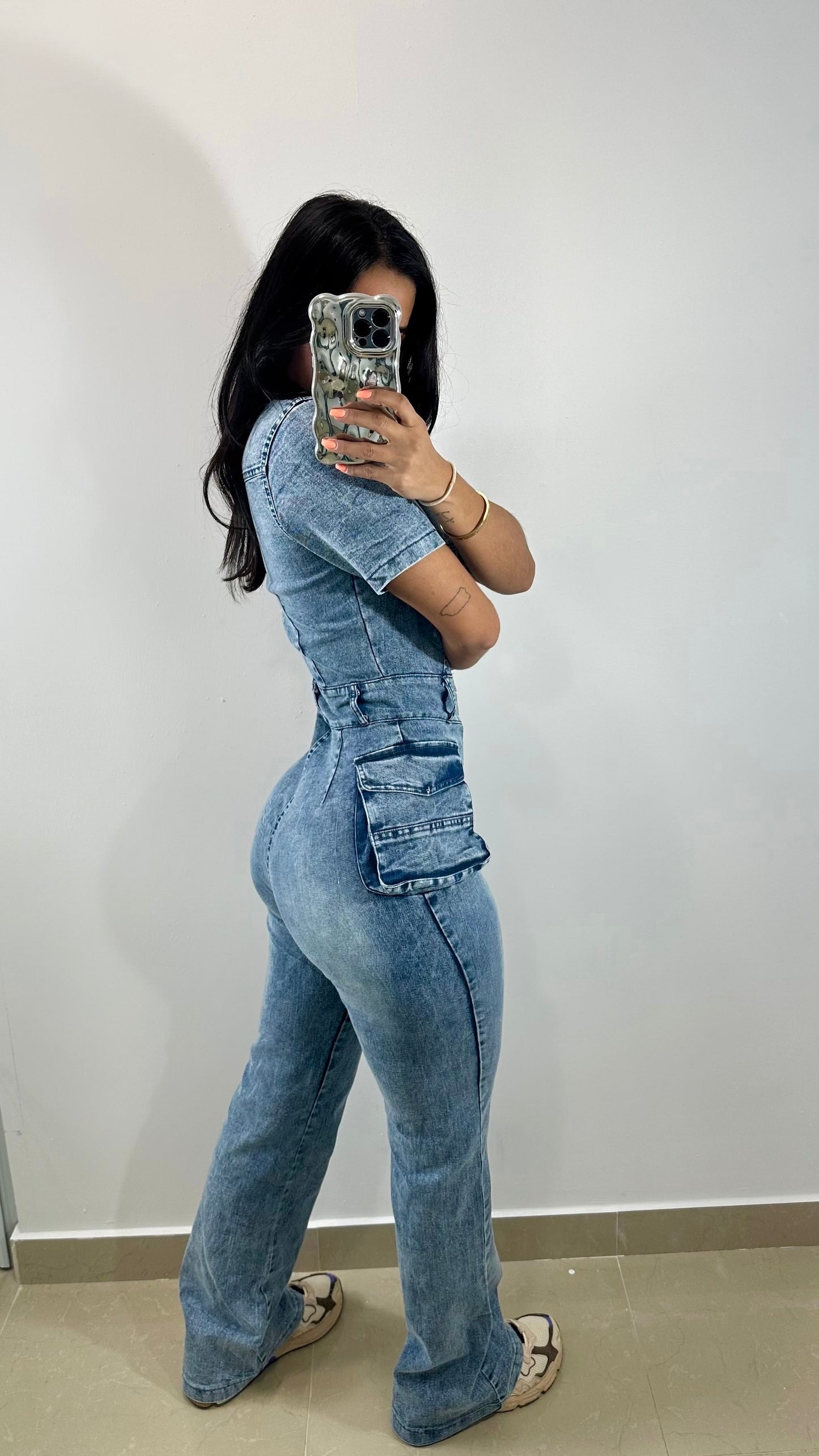 Denim cargo jumpsuit
