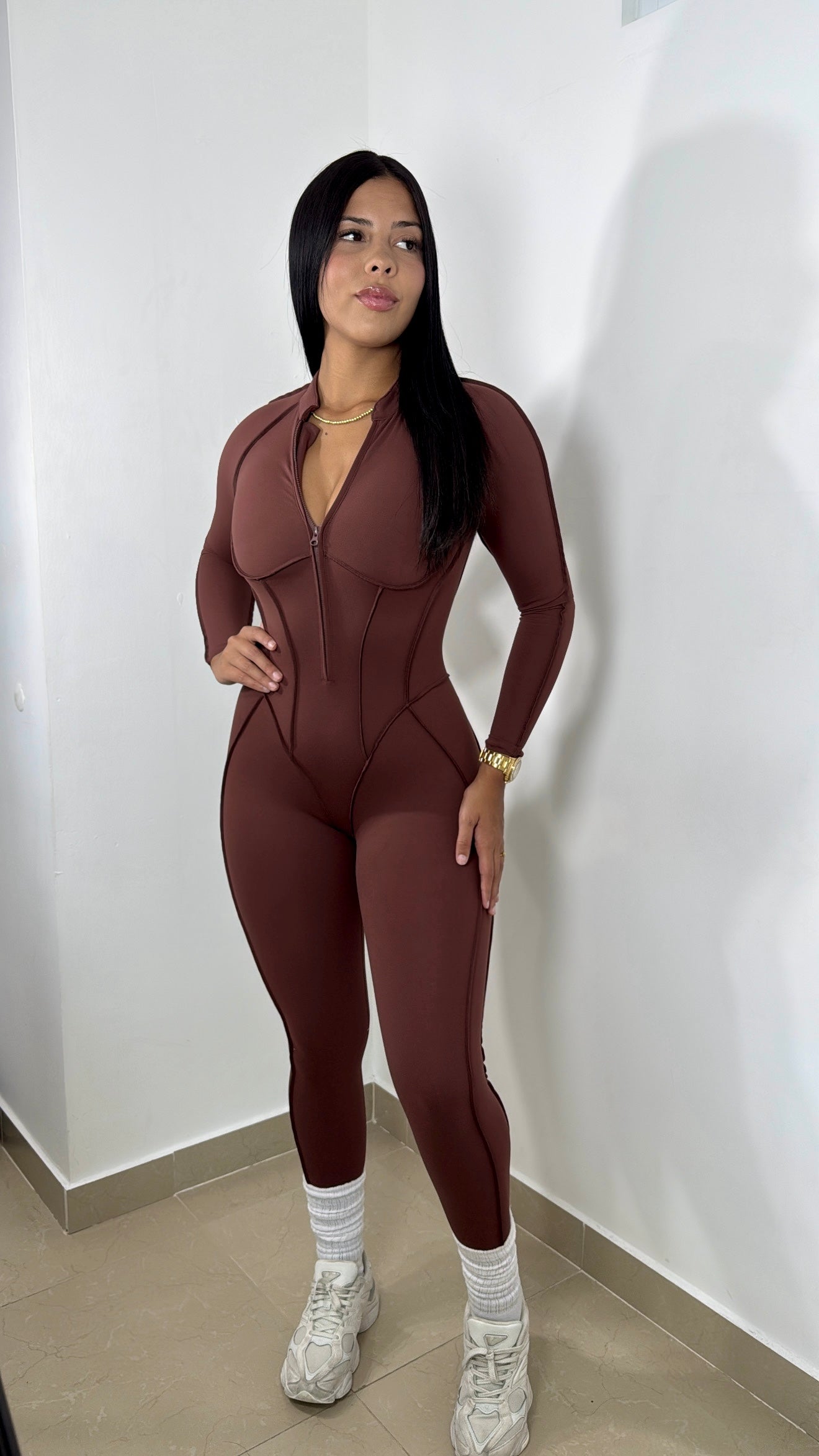 Longsleeve emboired brown jumpsuit
