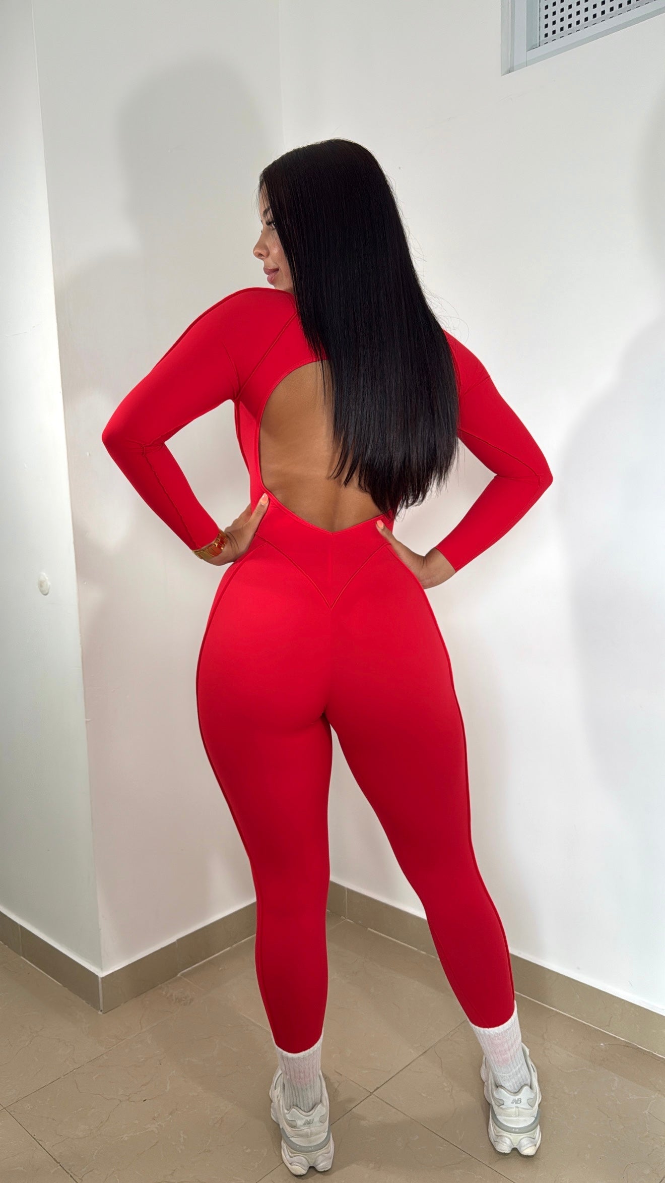 Longsleeve emboired red jumpsuit
