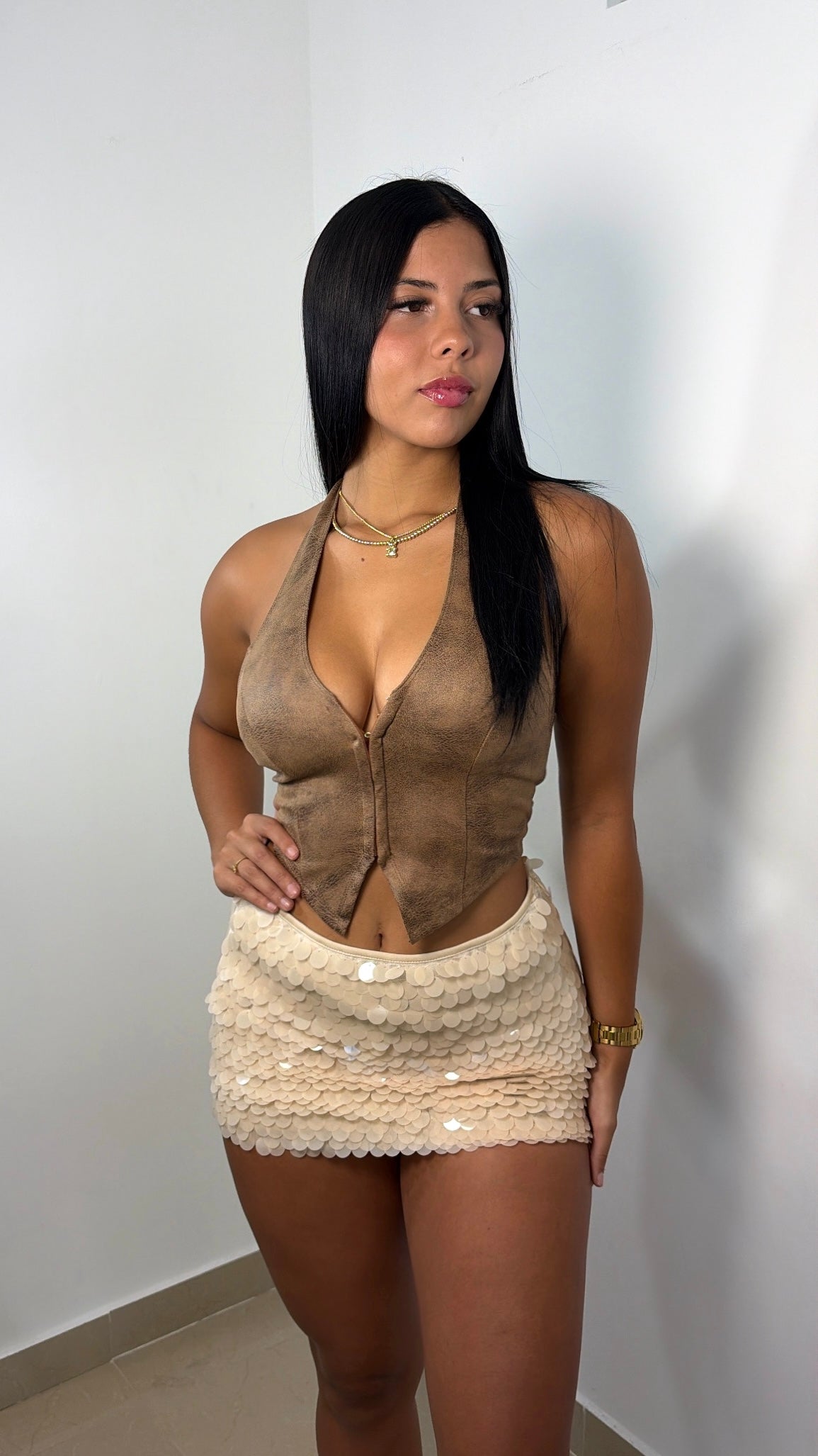Leather brown top