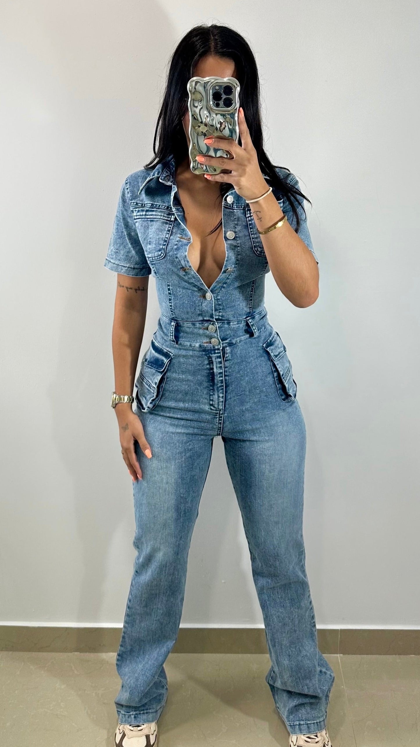 Denim cargo jumpsuit