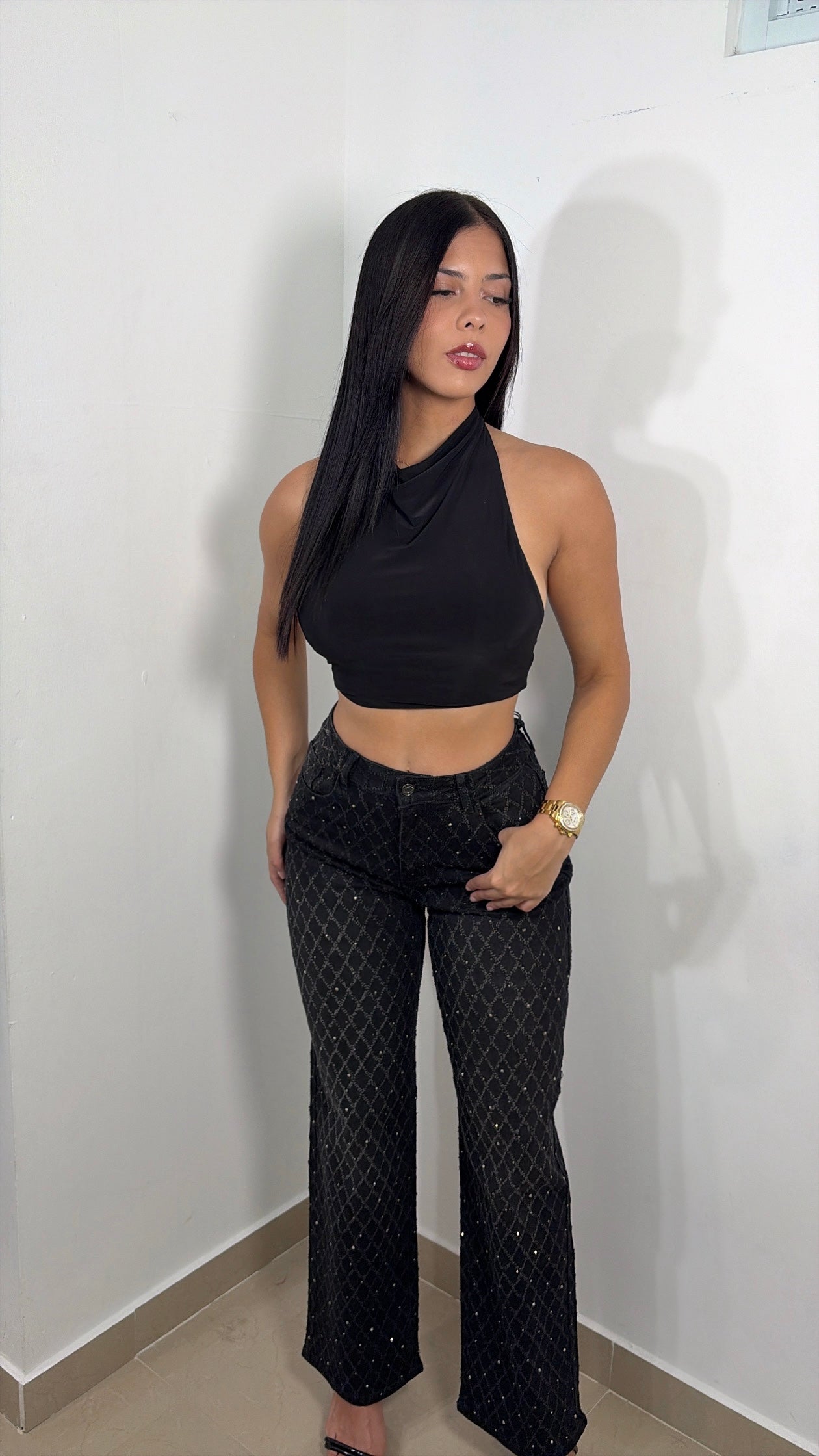 Black rhinestone denim pant