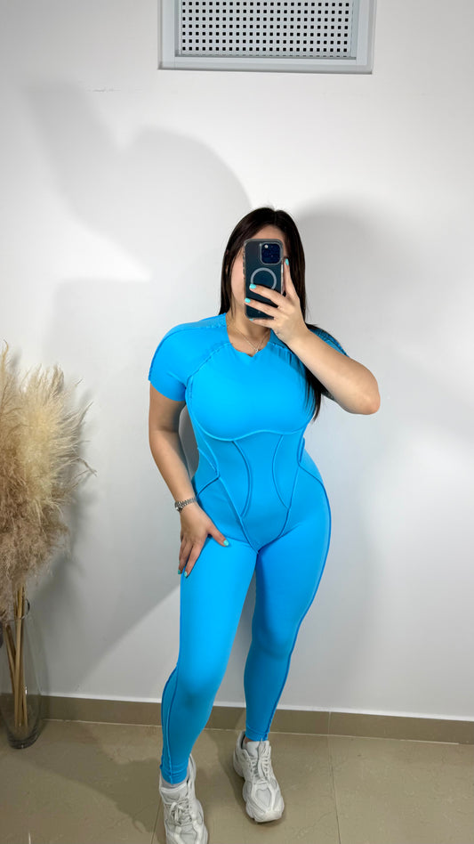 Blue embroidery gym jumpsuit