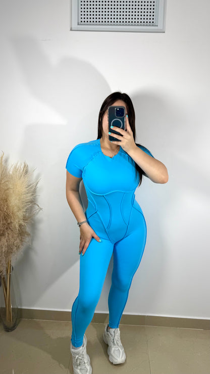 Blue embroidery gym jumpsuit
