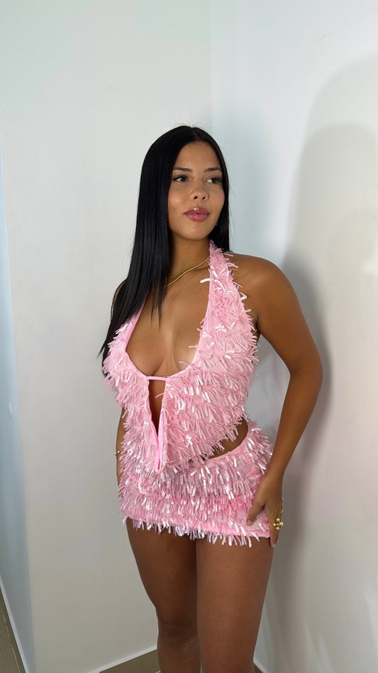 Pink sequin skirt set