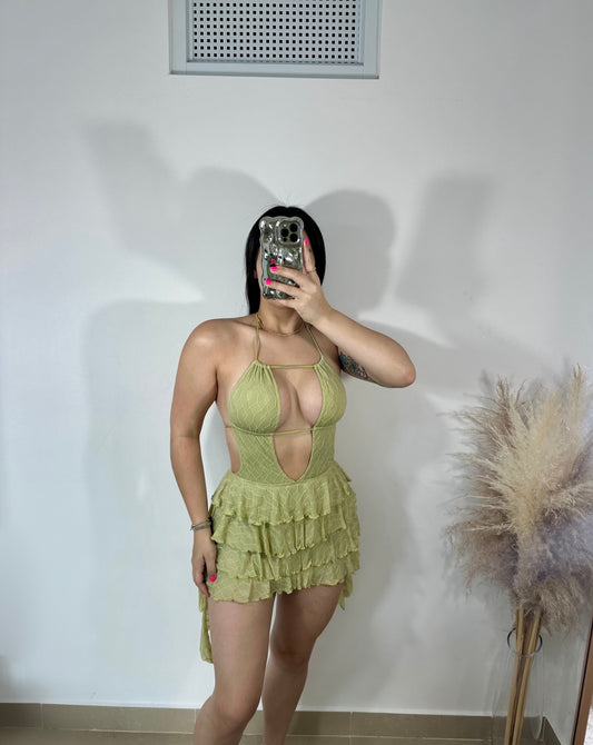 Mesh ruffle mini dress olive