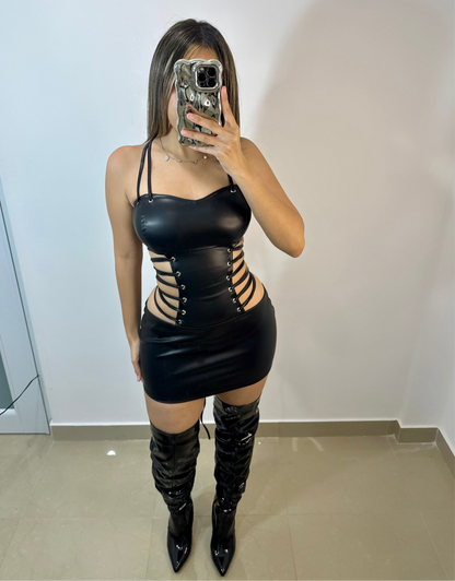 Side lace up leather dress