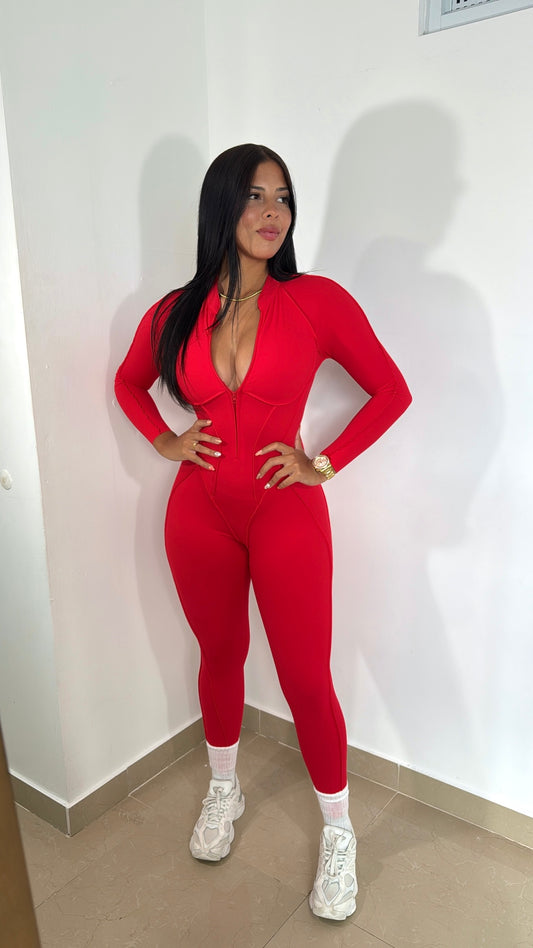 Longsleeve emboired red jumpsuit