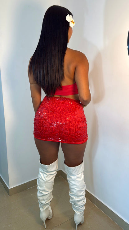 Red sequin skirt