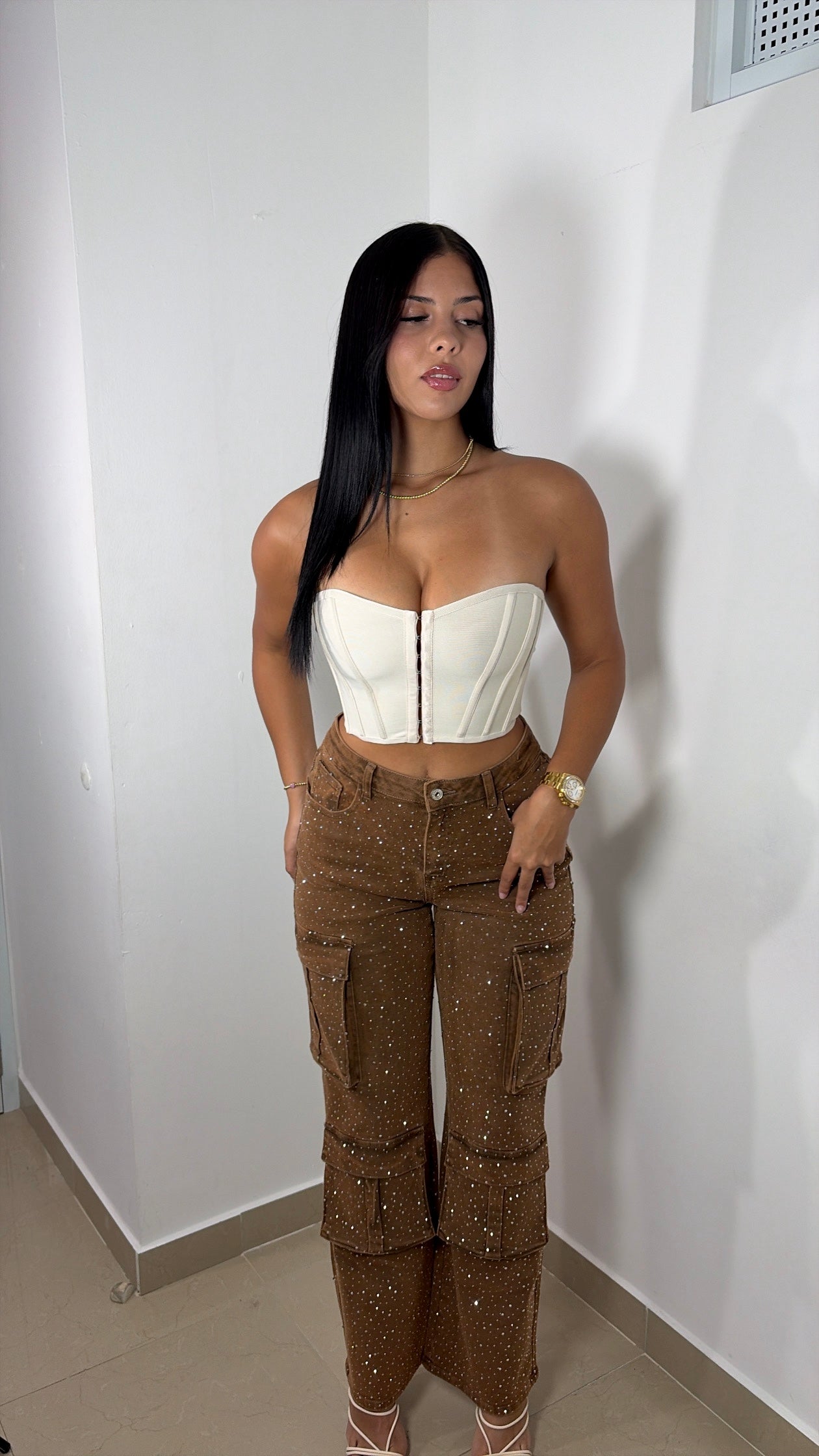 Rhinestone stretch brown cargo