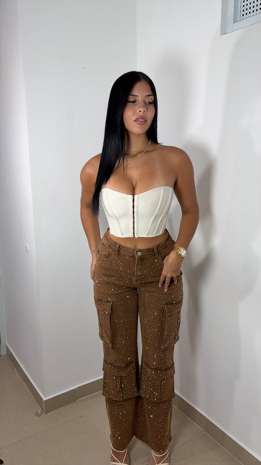 Rhinestone stretch brown cargo