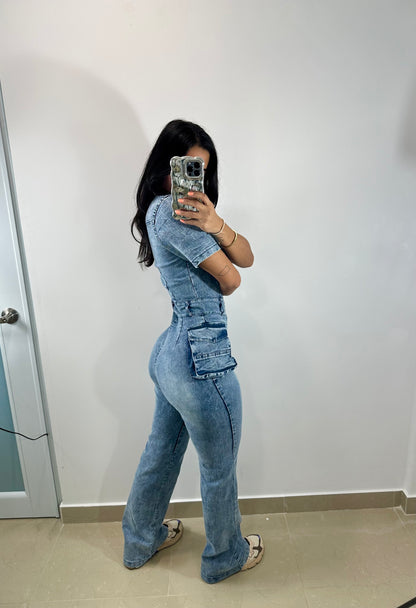 Denim cargo jumpsuit