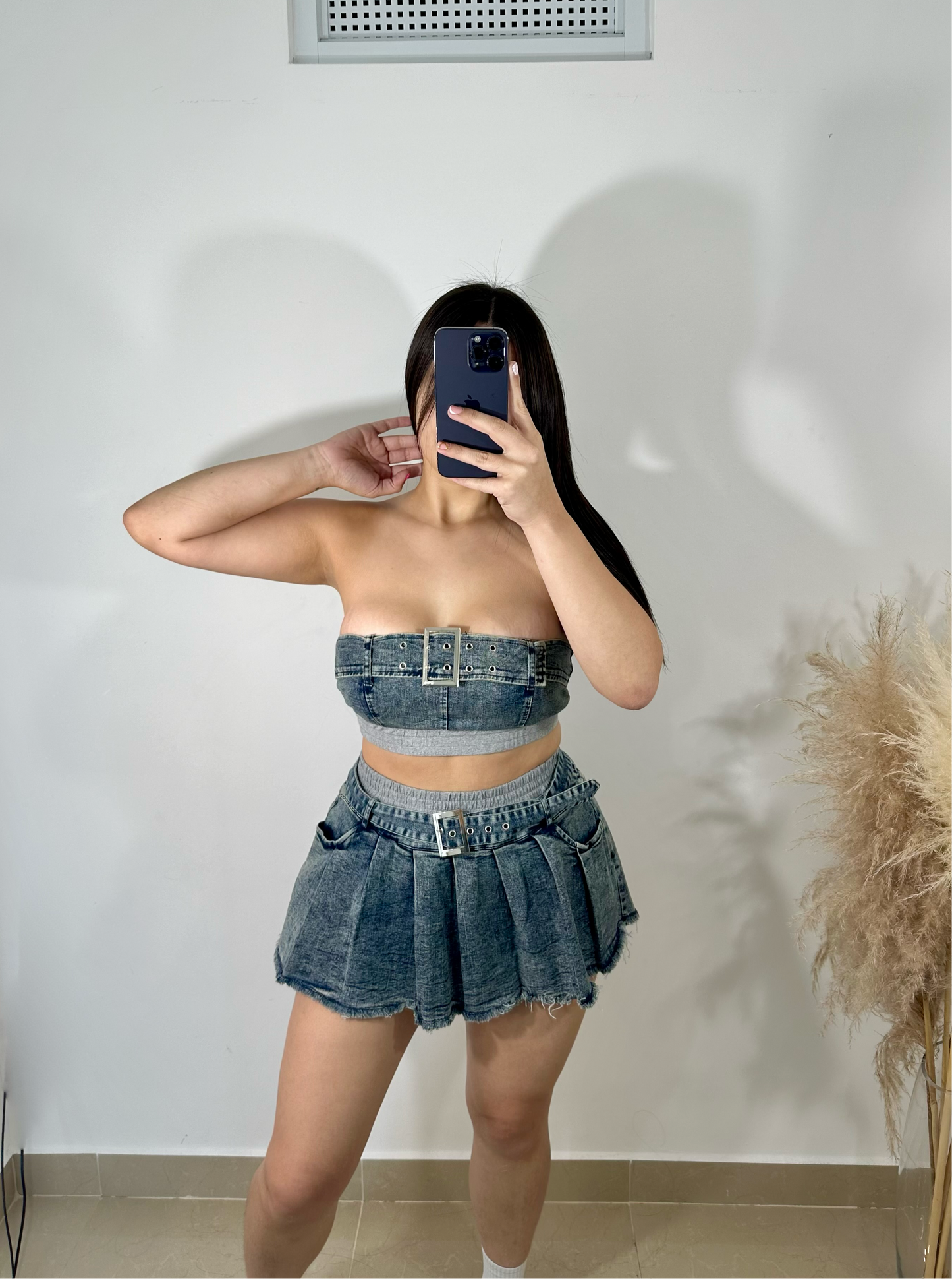 Denim mini skirt set