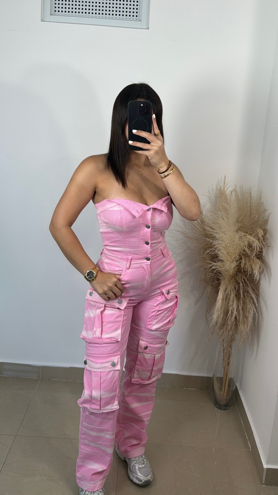 Denim stretch pink jumpsuit