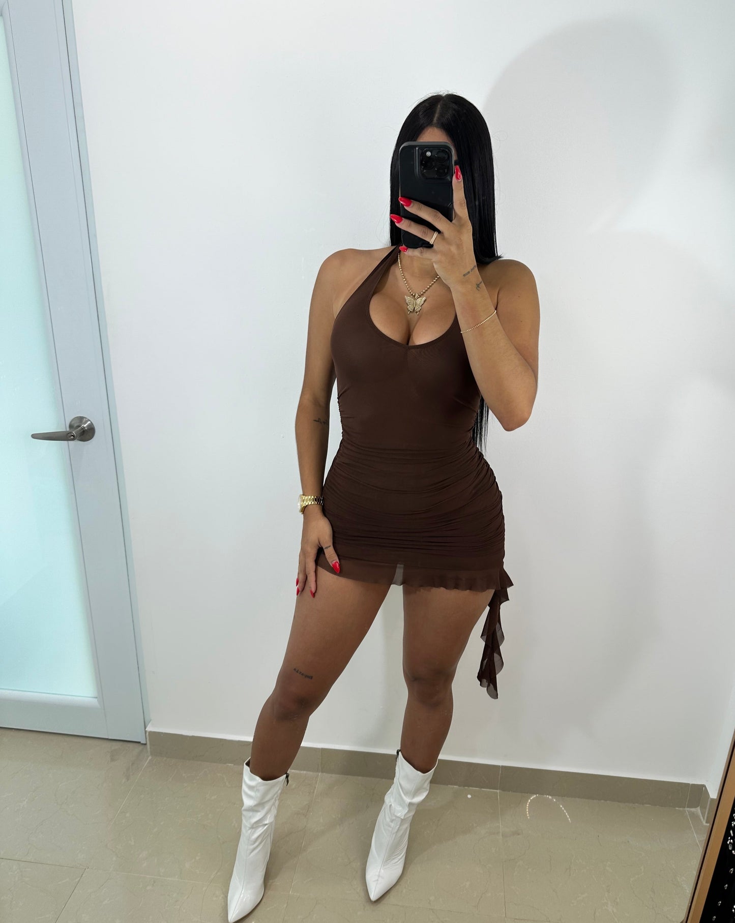 Brown mesh mini dress