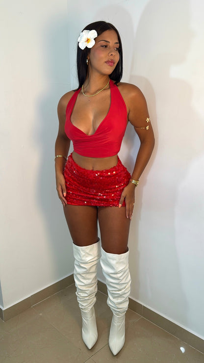 Red sequin skirt