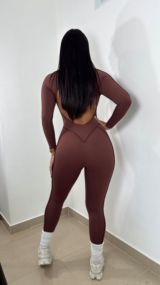 Longsleeve emboired brown jumpsuit