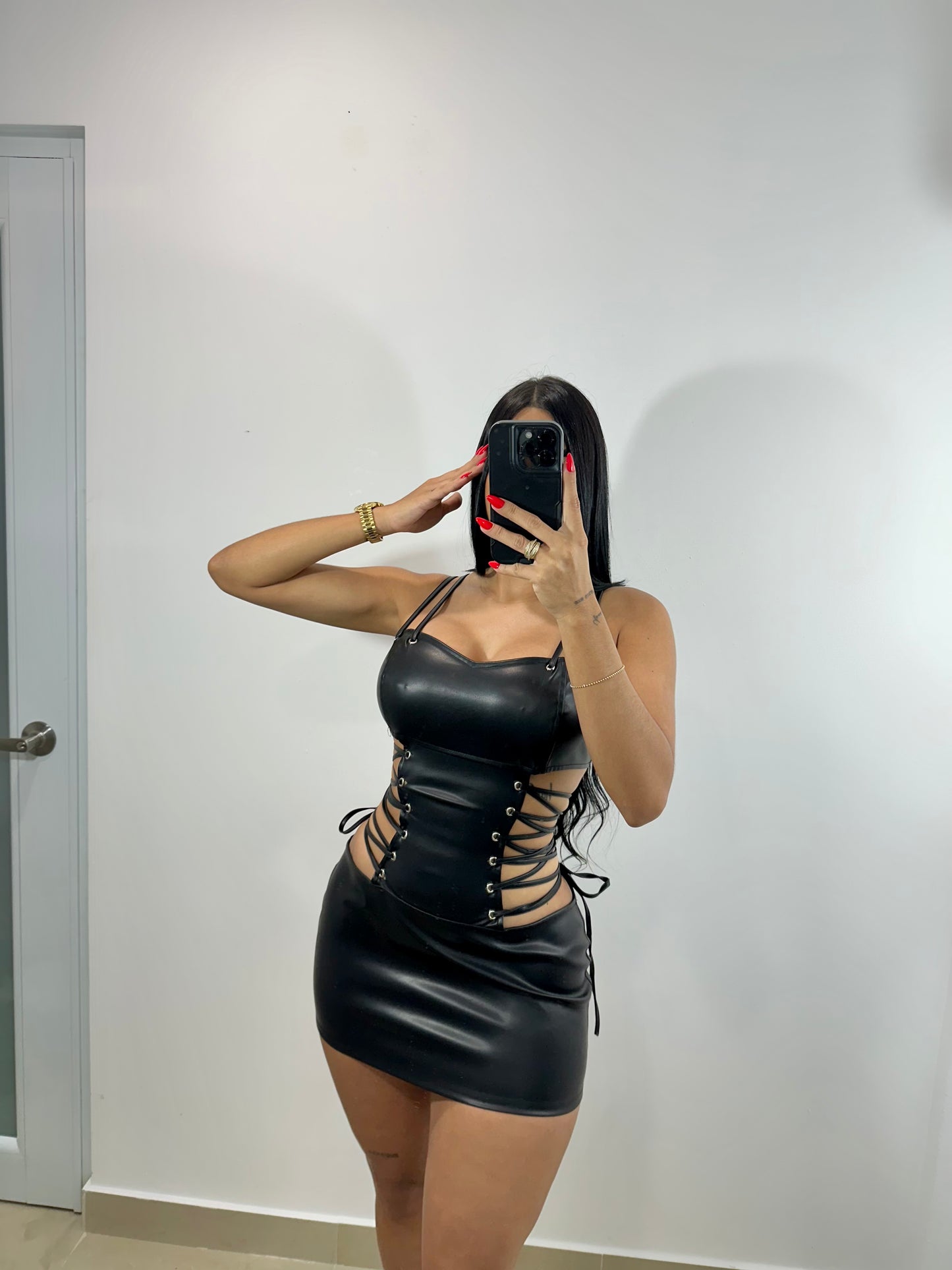 Side lace up leather dress