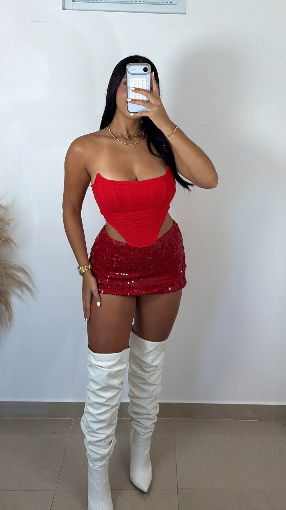 Red sequin mini skirt