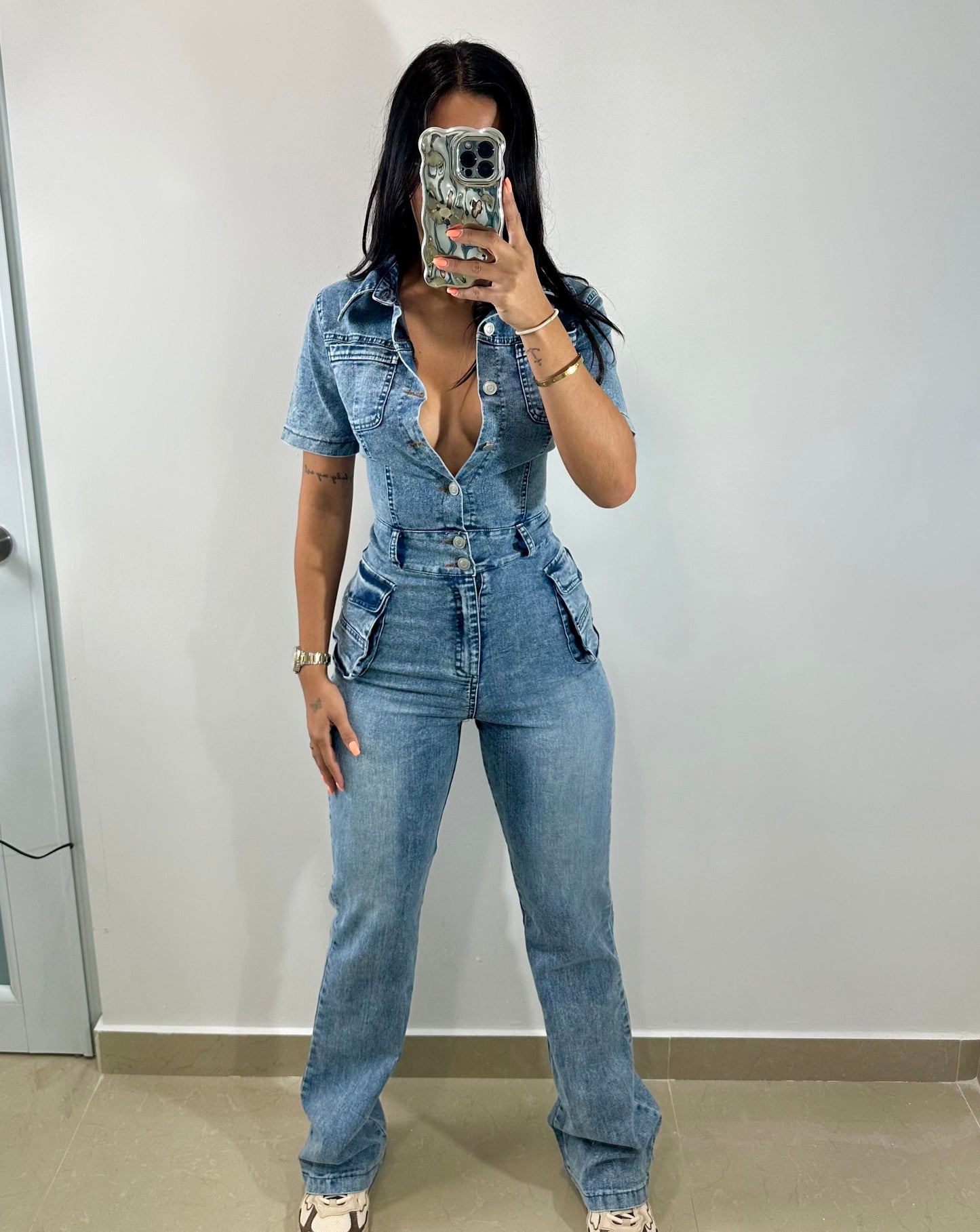 Denim cargo jumpsuit