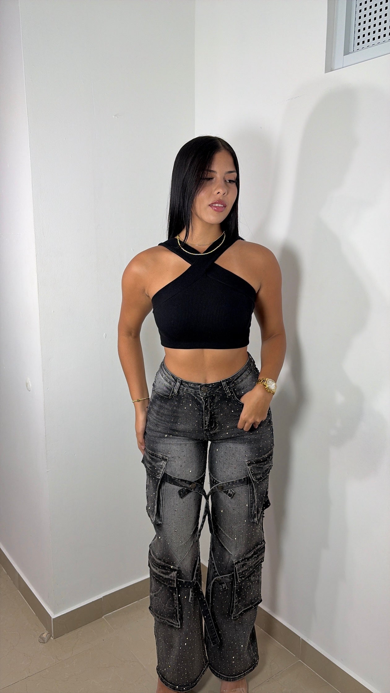 Rhinestone stretch black cargo (pre order)