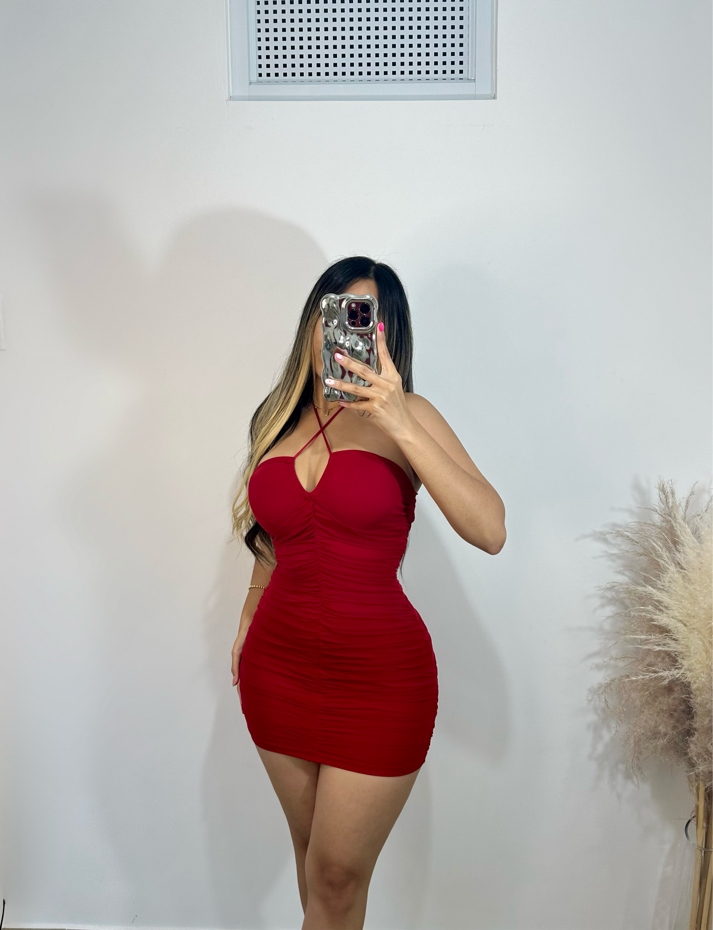 Red mesh mini dress