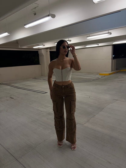 Rhinestone stretch brown cargo