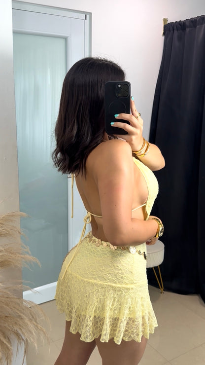 Lace light yellow dress w. pant