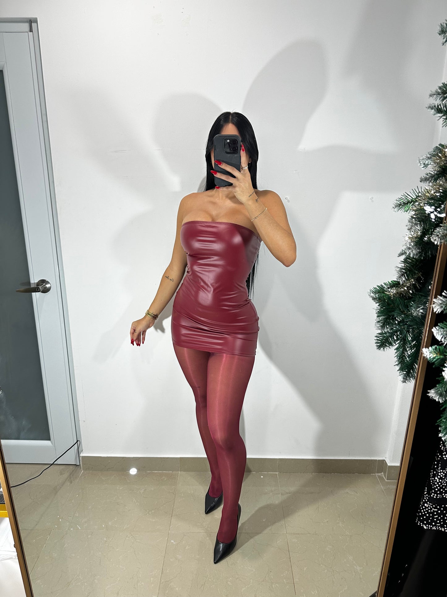 Burgundy leather mini dress